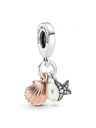 Dije Pandora de tres perlas cultivadas de agua dulce, estrella de mar y concha
